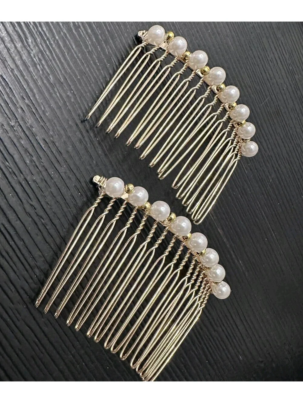 Vintage Gold Tone Faux Pearl Hair Combs Set Of 2 Bridal Wedding Hair Accessories
